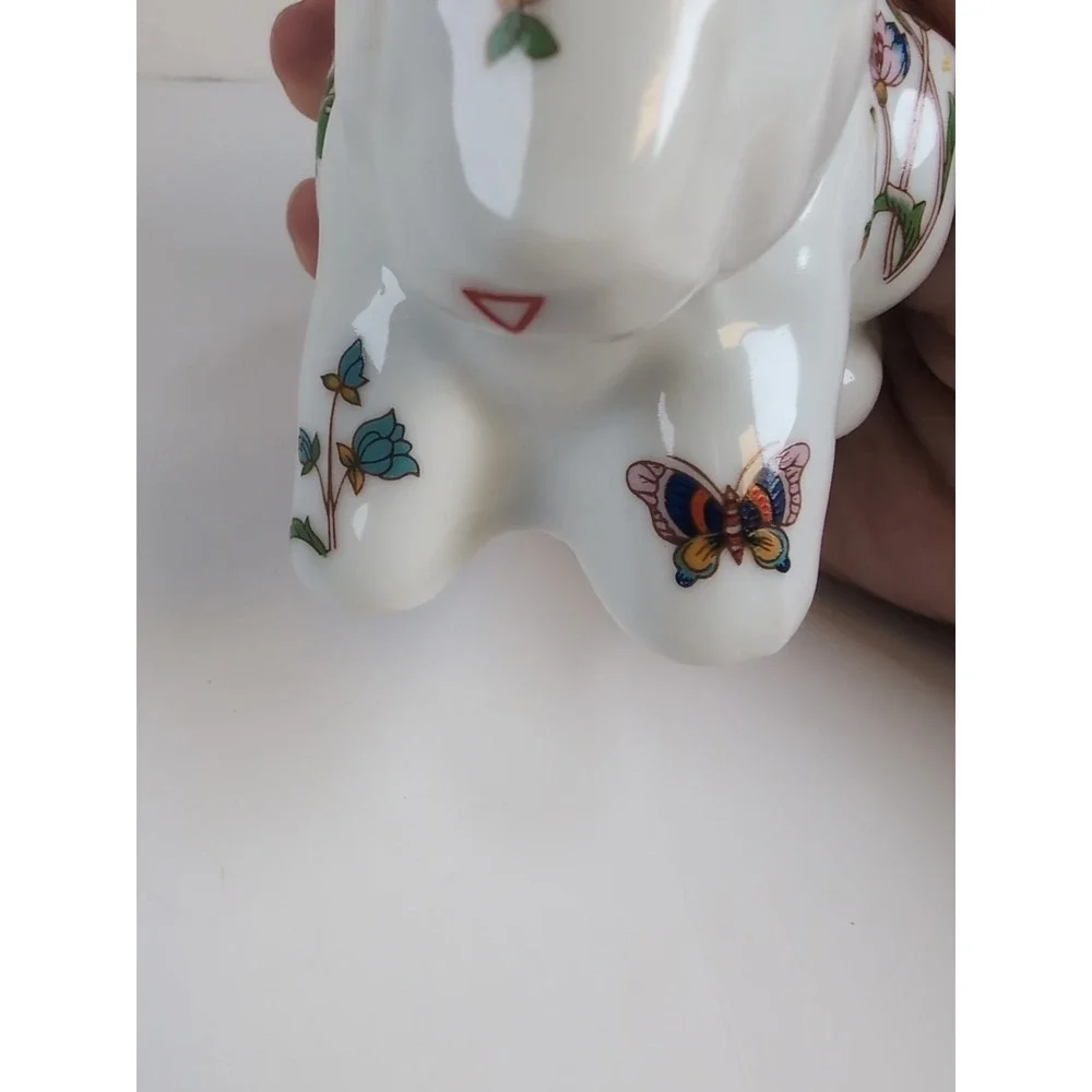 Trina Ceramic Bunny Cotton Ball Dispenser, Glazed W/Butterflies & Flowers Vintag
